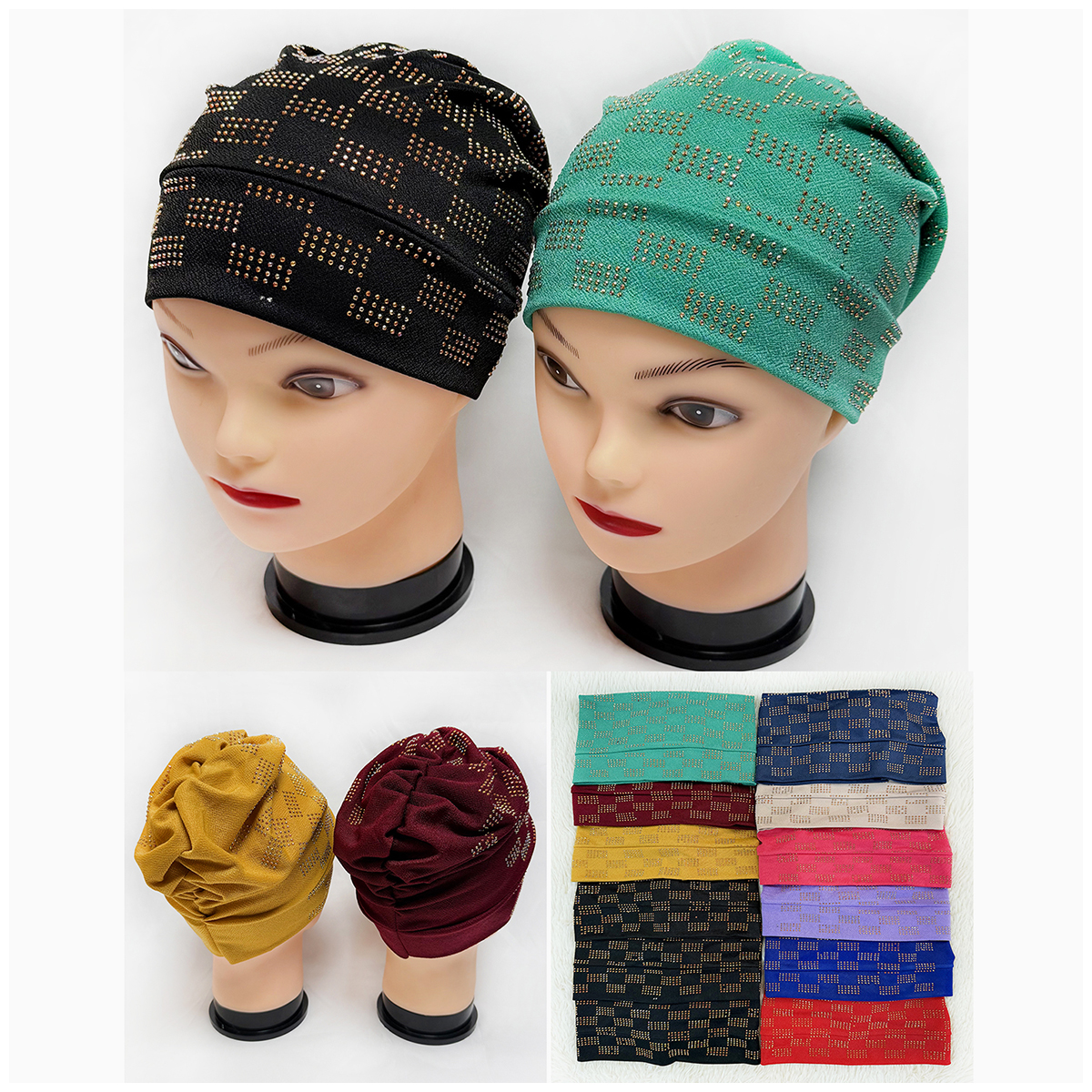 En gros 6/12 pièces commande mode musulmane femme Turban chapeau velours chaud strass solide indien Bonnet cheveux Bonnet casquette pour les femmes