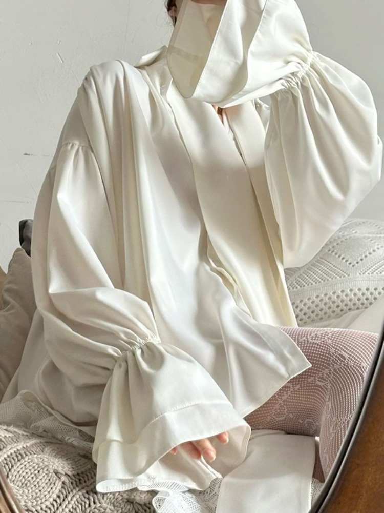 Bonboho Chemisier élégant pour femme Chemises en satin boutonnées blanc uni Col à revers Manches longues bouffantes T-shirt coupe ample avec écharpe