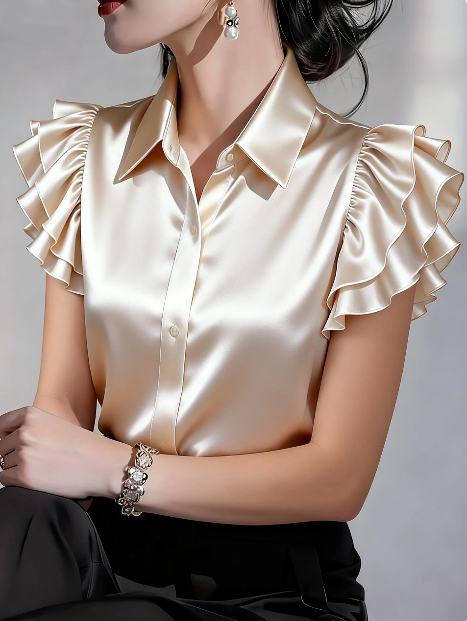 Chemisier en satin à volants et manches courtes pour femme, col chemise, boutonné