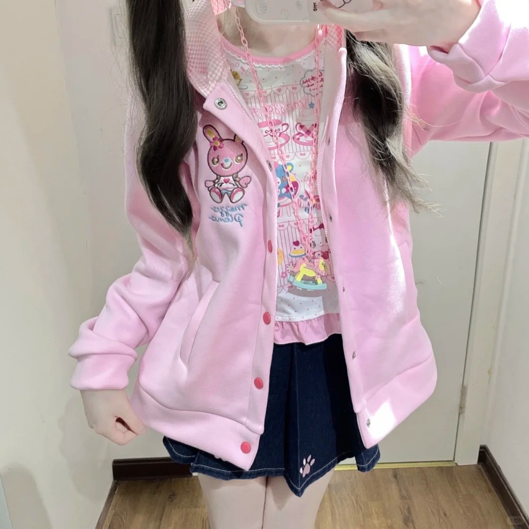 Manteau japonais kawaii avec capuche oreilles de lapin, style Y2K, hauts décontractés, mode douce, vêtements pour femmes, nouvelle collection 2026