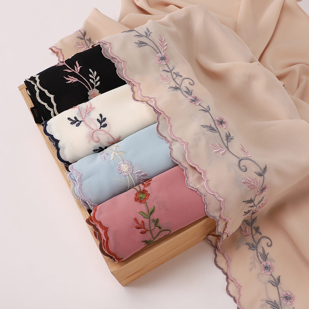 Hijab en Chiffon Brodé Floral avec Bord Ondulé, Écharpe pour Femmes Musulmanes, Voile Doux, Châle Islamique pour Dames