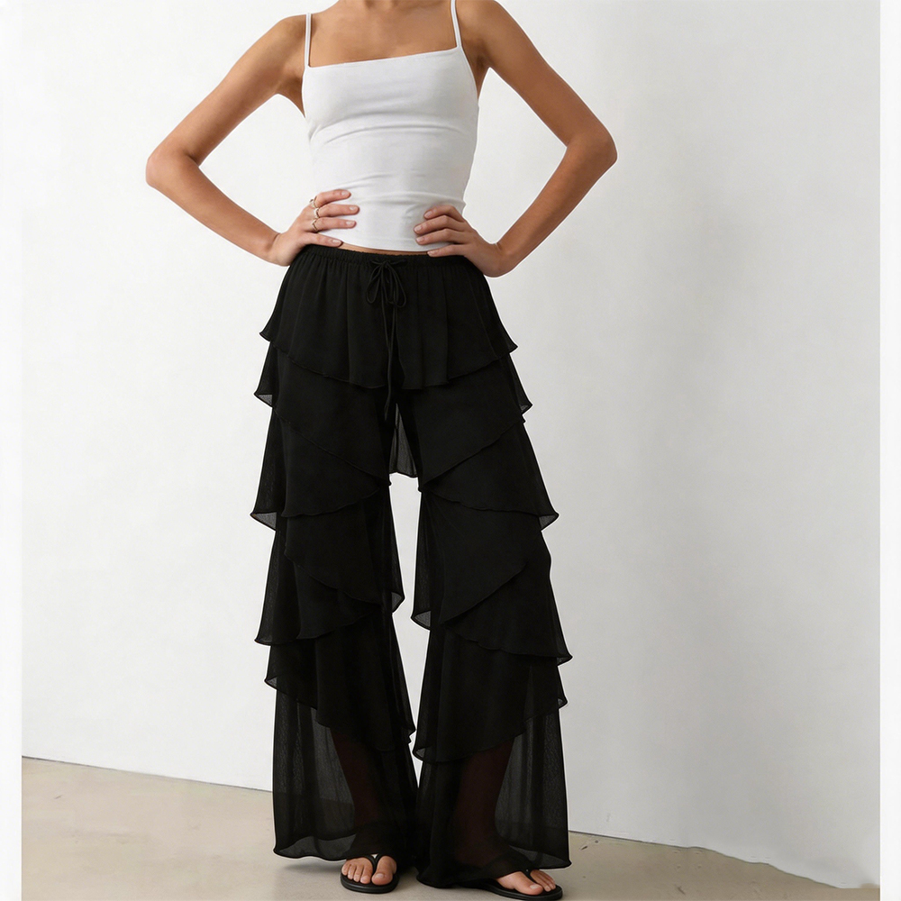 Pantalon Palazzo Fluide Superposé en Chiffon Bohème pour Femme, Taille Haute à Cordon de Serrage, Jambes Larges, Volants Superposés, Style Streetwear