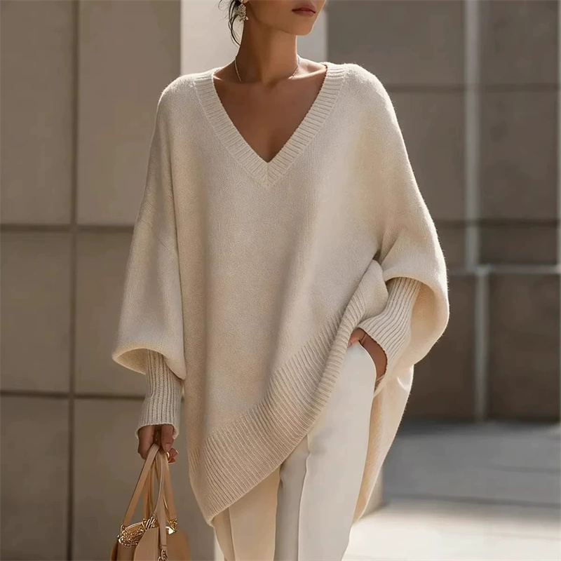 Pull en maille pour femme à manches chauve-souris, couleur unie, col en V, pull basique doux en tricot