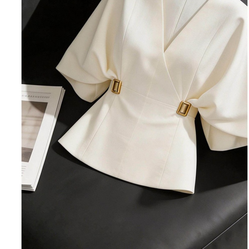 Chemisier élégant pour femme de bureau, col en V, manches chauve-souris, avec boucle à la taille, couleur unie blanche, chemise d'été tendance pour femme, vêtement formel