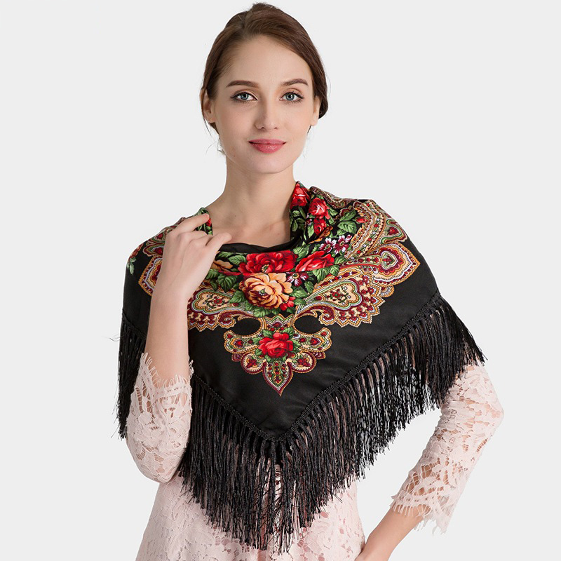 Babushka écharpe russe Pashmina femme châle carré hiver bandeau femme rétro motif Floral gland coton écharpe Hijabs