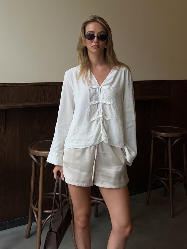 Chemisier Chic en Lin et Coton à Manches Longues pour Femme, Col en V, Boutonnage Simple, Collection Printemps-Été 2026, Idéal pour les Vacances et la Plage