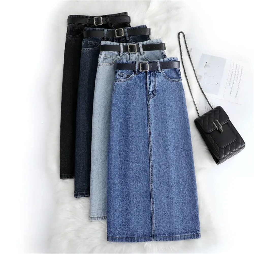 Femmes Denim jupe printemps une ligne été taille haute ample ourlet fendu bleu foncé Chic décontracté Streetwear Jean Midi jupe Streetwear
