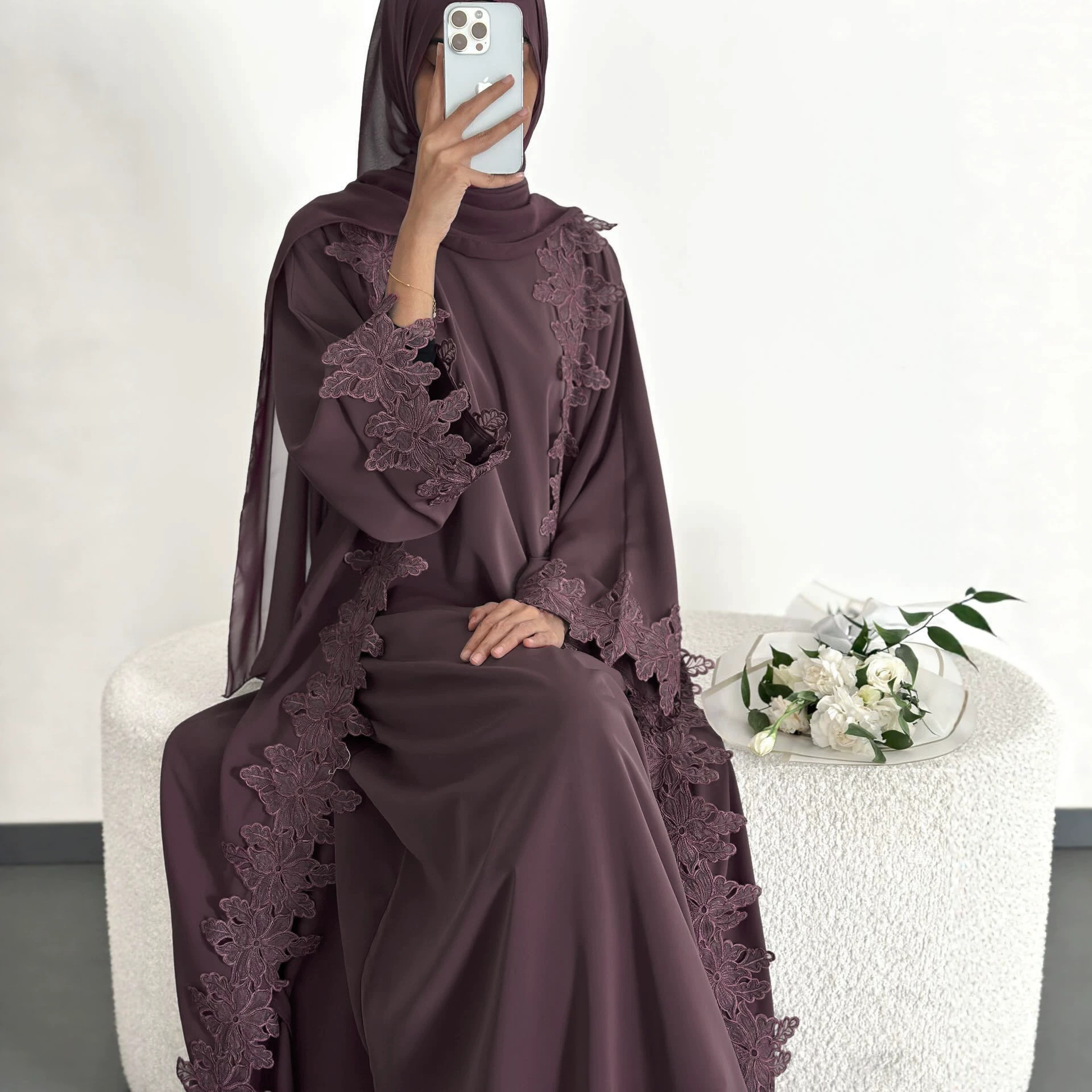 Nouvelle Abaya en dentelle à fleurs Nida, vêtements islamiques, robe musulmane pour femmes, Abaya Dubaï, Jalabiya, robe intérieure, ensemble 2 pièces