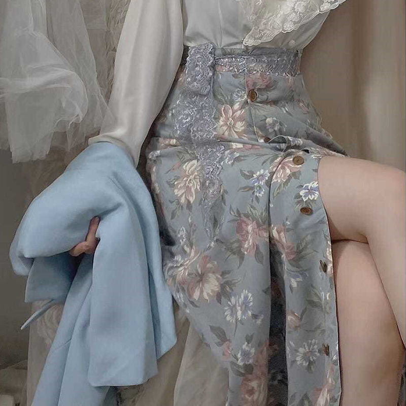 Jupe Femme Vintage Florale Y2K Taille Haute Élégante Boutonnée Décontractée Fendue Sexy Streetwear Été Nouvelle Tendance