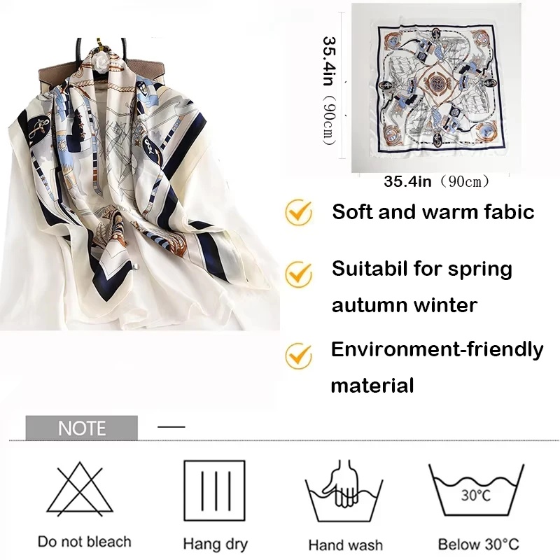 Grand foulard carré en soie 90x90cm pour femme – Foulard de tête en satin inspiré des créateurs de luxe, châle polyvalent, écharpe de cou et hijab