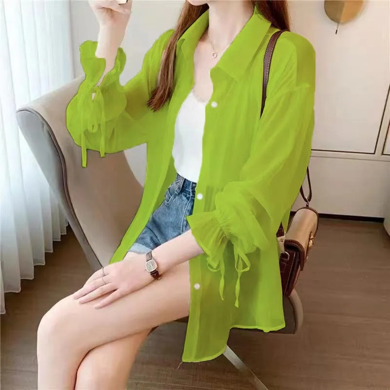 Chemises fines en mousseline de soie pour femmes, Perspective d'été, chemise de soleil coréenne solide, manches longues, mode coréenne pour dames, nouveaux vêtements de protection solaire