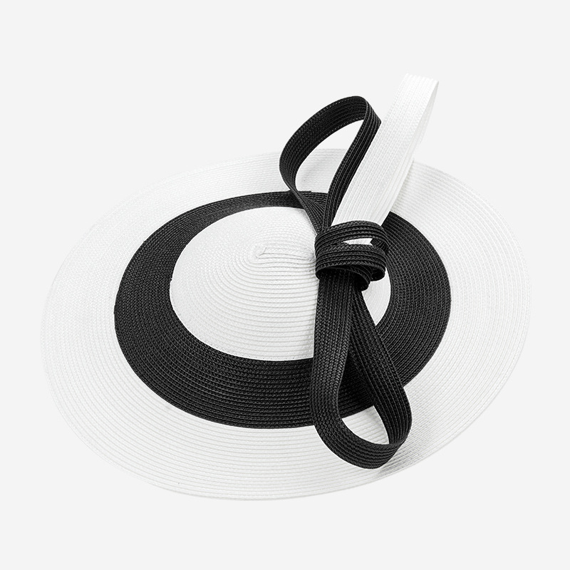 Grand chapeau fascinateur en paille à larges bandes, bandeaux élégants pour femmes, accessoire de tête pour bal de promo, fête, mariage, style français, chapeau de mariage femme