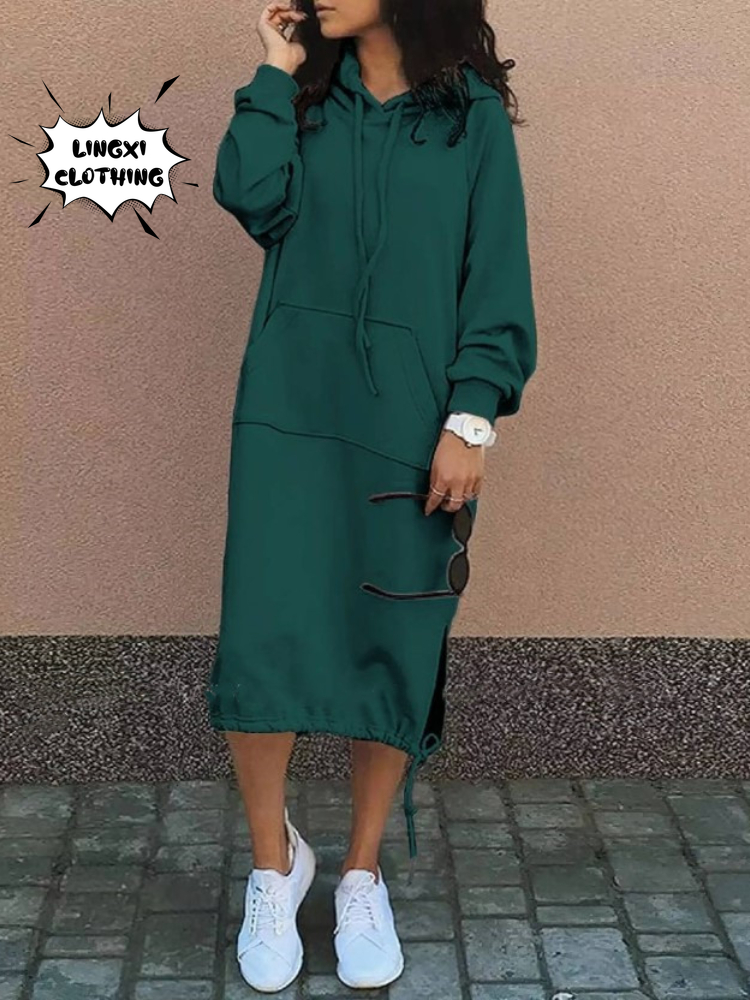 Robe pull à capuche pour femme, grande taille, élégante, avec poches fendues, chaude, longue, mode automne et hiver 2023