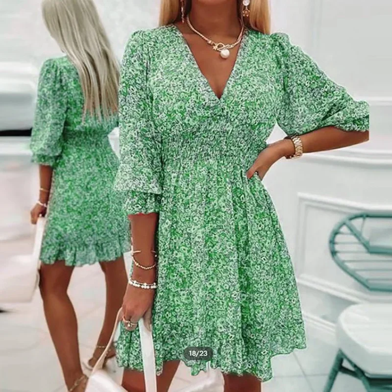Robe florale d'été pour femmes, jupe mi-longue décontractée, serrer la taille, pull imprimé, manches courtes, style bohémien, robes lumineuses