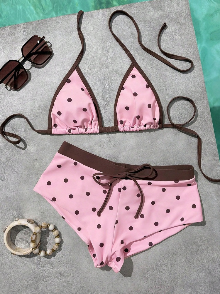 Ensemble bikini brésilien à pois pour femme, haut triangle sexy, dos exposé, bas string à fentes latérales, maillot de bain deux pièces