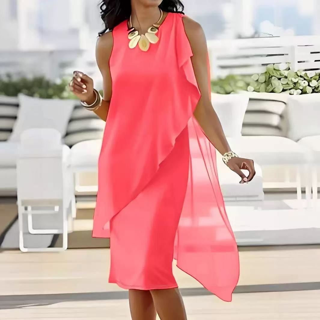Robes pour femmes 2026 – Nouvelle collection été : Robe élégante en mousseline asymétrique sans manches, col rond, longueur genou – Vêtements féminins
