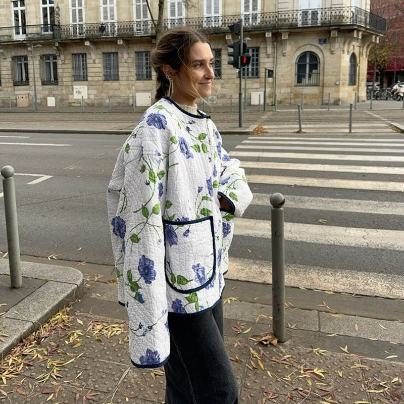 Vestes matelassées à imprimé floral pour femmes, col montant, poche pour documents, manteau rembourré esthétique, vêtements d'extérieur chauds pour femmes, chic, automne