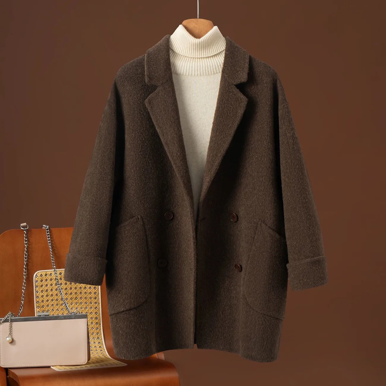 Manteau en cachemire double face pour femme, style britannique, coupe ample, vêtement d'extérieur en laine, style coréen, veste pour femme, automne-hiver