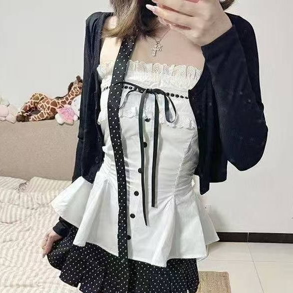 Mode coréenne 2 pièces ensemble Design à manches longues Cardigan court mince Camisole à pois gilet hauts costume décontracté Chic