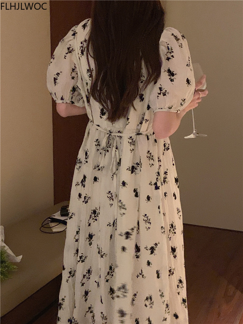 Robe longue vintage à imprimé floral pour femmes, vêtements coréens chics, design pour femmes, vacances d'été, date, filles, col rond, dame élégante, rétro, 2022