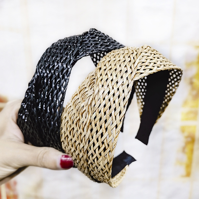 Bandeau de sauna bohème pour femmes, en paille nouée, fait à la main, cerceau de tête de plage, accessoires pour cheveux à larges bords