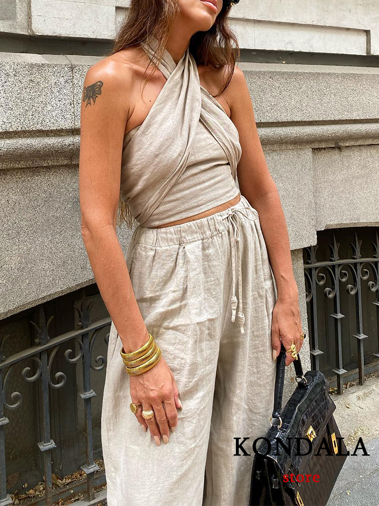 KONDALA Streetwear kaki costumes femmes sans manches licou Sexy haut court femmes + taille haute pantalon à jambes larges mode 2025 ensembles