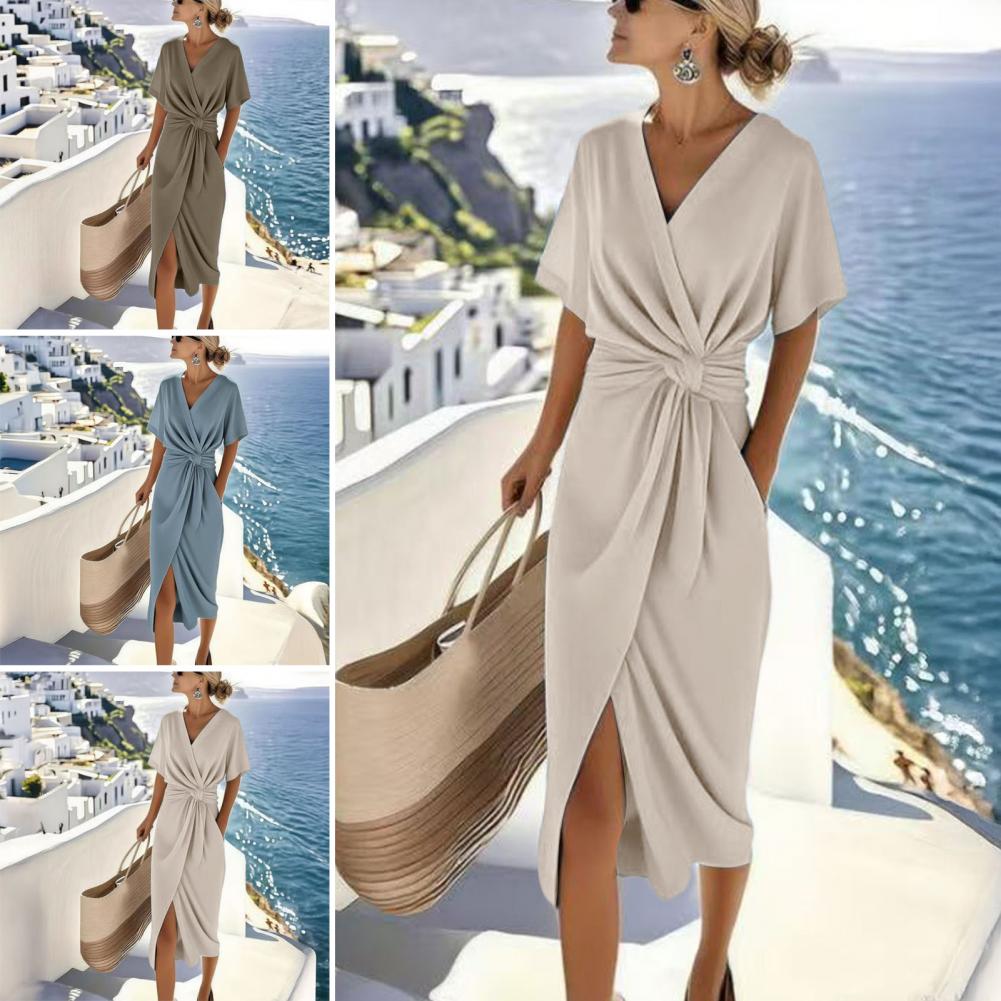 Robes pour femmes à manches courtes, col en V, robe formelle décontractée, coupe ample, couleur unie, robe de soirée pour les vacances, cocktail