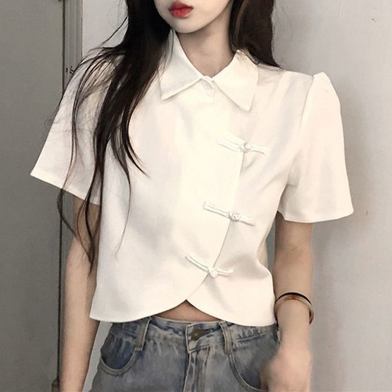 Femmes Blouse été à manches courtes blanc noir chemises Style chinois mode femme hauts courts dames chemise Blouses pour les femmes