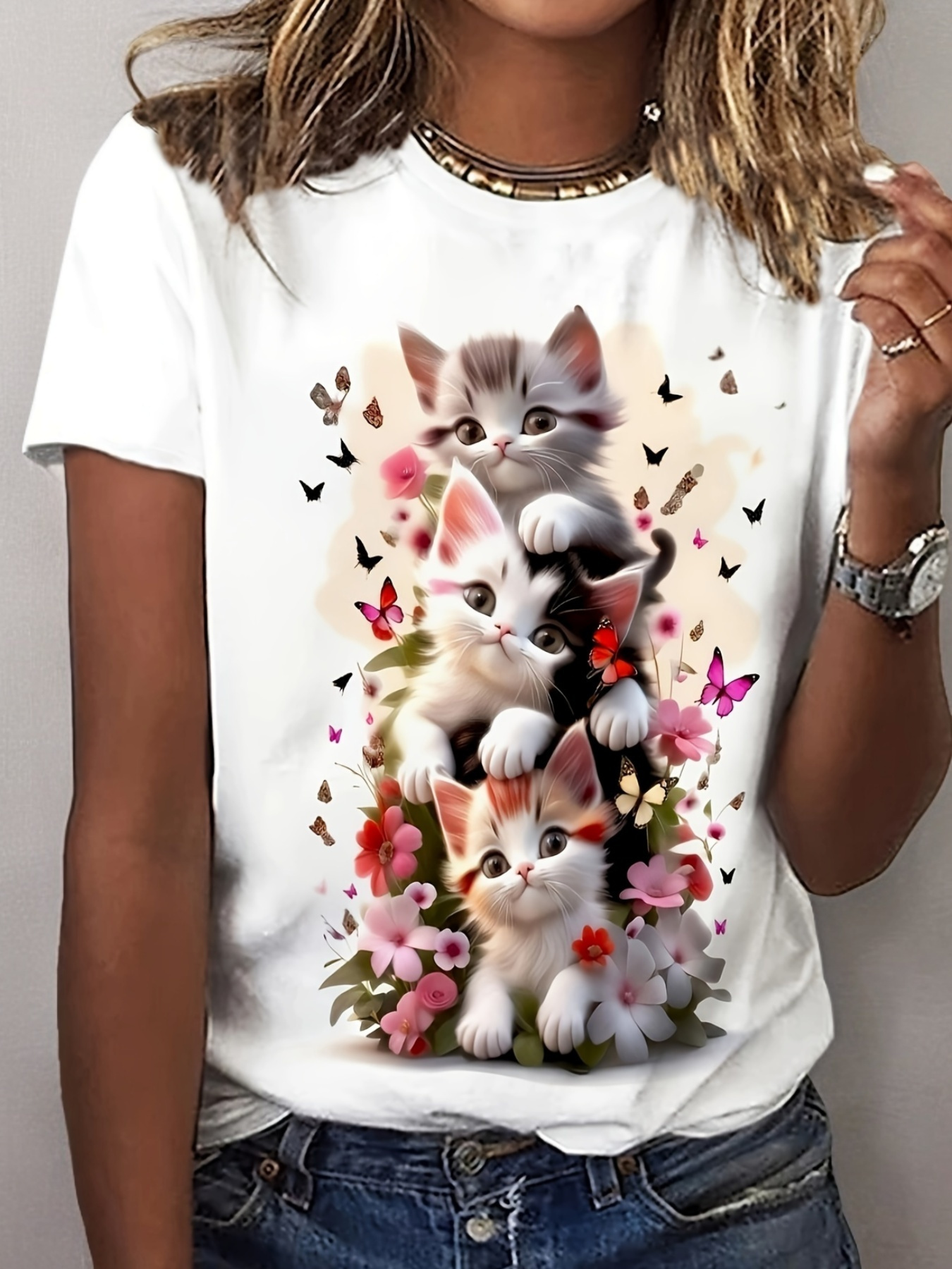 T-Shirt imprimé chat mignon pour femmes, doux, manches courtes, col rond, avec chaton vibrant, imprimé Floral, haut décontracté printemps/été