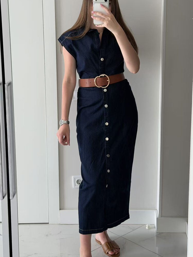 FSMG Nouvelle Robe en Jean Unie à Col Revers et Boutonnage Simple, Élégante, Sans Manches, Plissée, Coupe Ajustée, pour Femme de Bureau, Vêtements Tendance