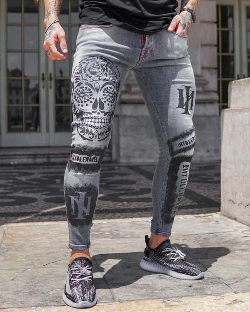 Jean extensible pour hommes à la mode pantalons décontractés mince imprimé gris jean hommes mode imprimé jean hommes crayon pantalon jean Slim hommes