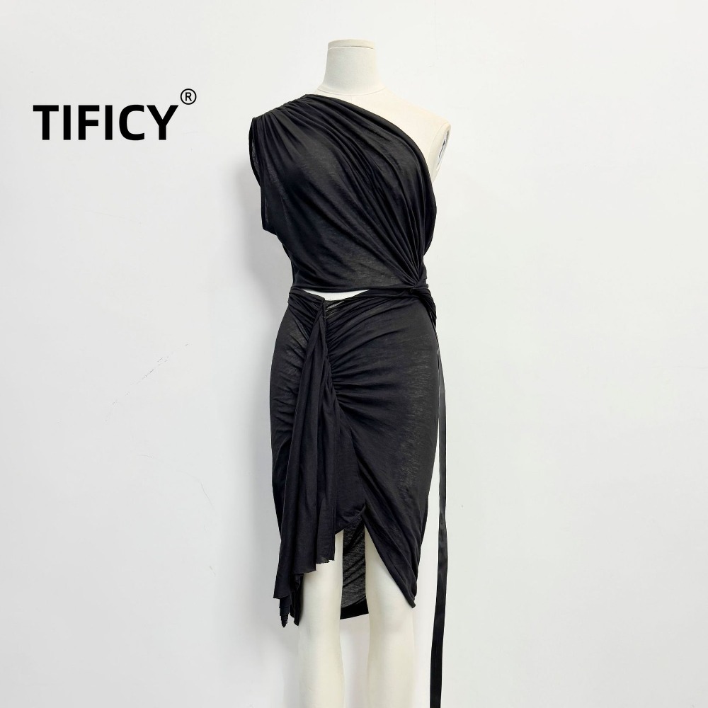 Robe moulante sexy asymétrique sans manches torsadée style gothique pour femme - Collection High Street