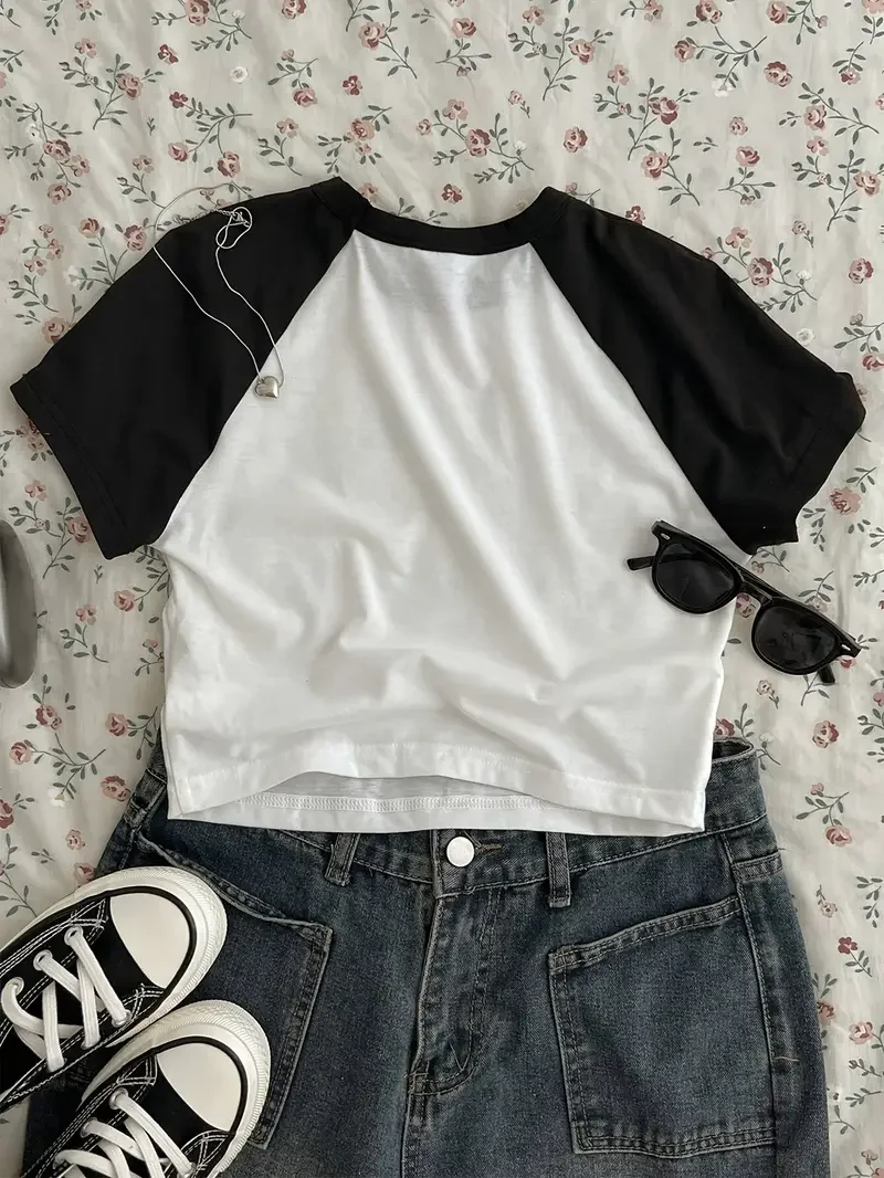Chat mignon T-shirt imprimé haut court Sexy recadrée à manches courtes col rond T-shirt pour les femmes décontracté printemps été vêtements