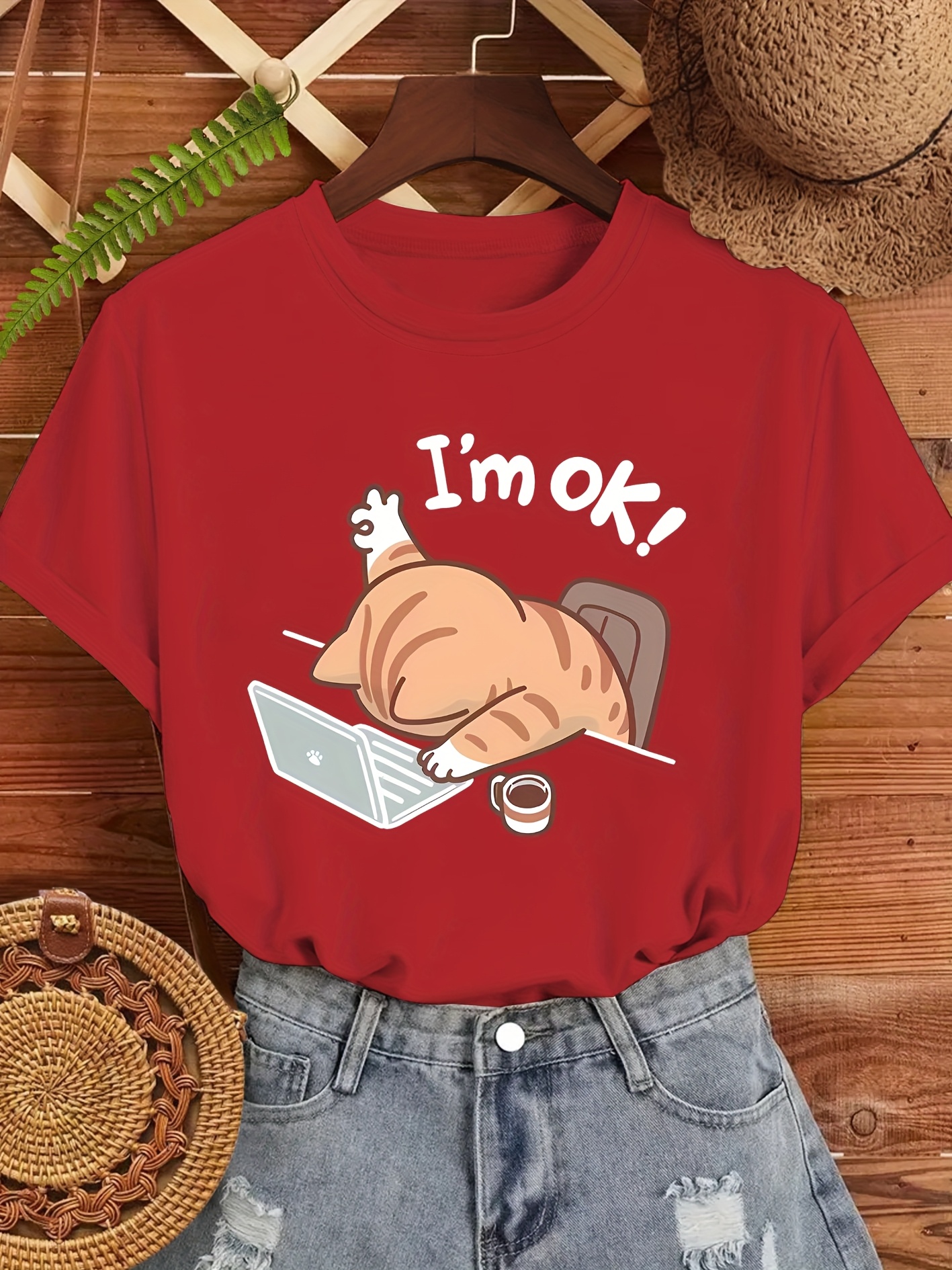 T-Shirt manches courtes col rond femme, mignon, imprimé chat I'm OK, décontracté, Beige, avec vêtements esthétiques élégants au Design de chat endormi