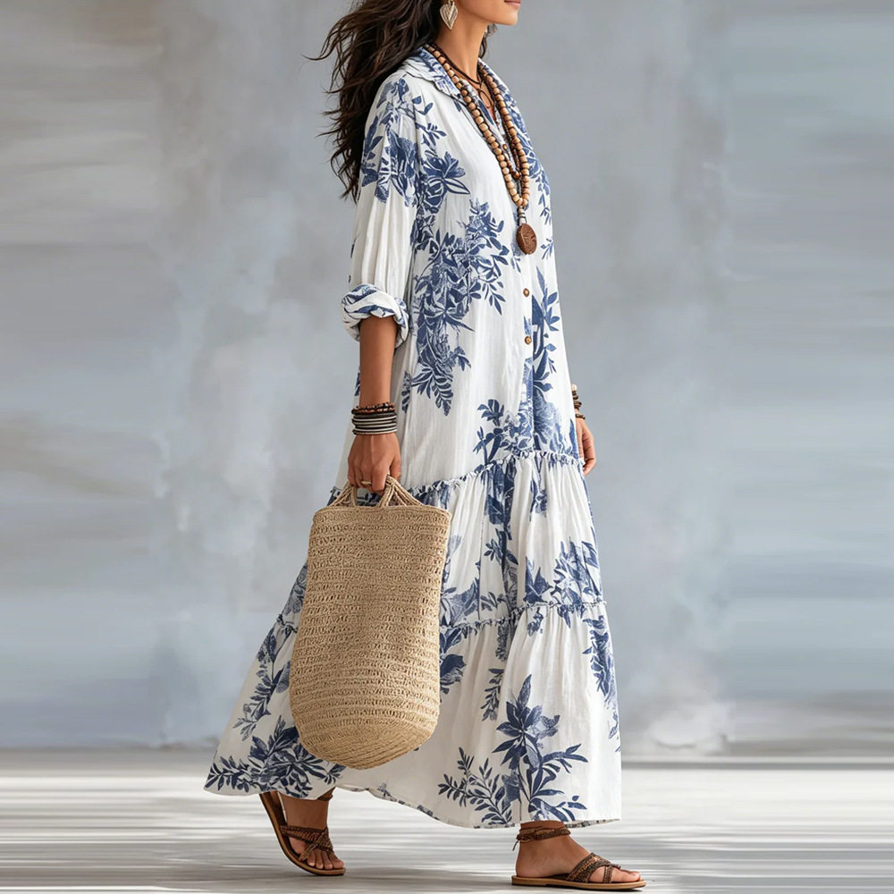 Robe chemise élégante pour femme, imprimé floral, col rabattu, simple boutonnage, à volants étagés, style bohème décontracté, vêtement d'été