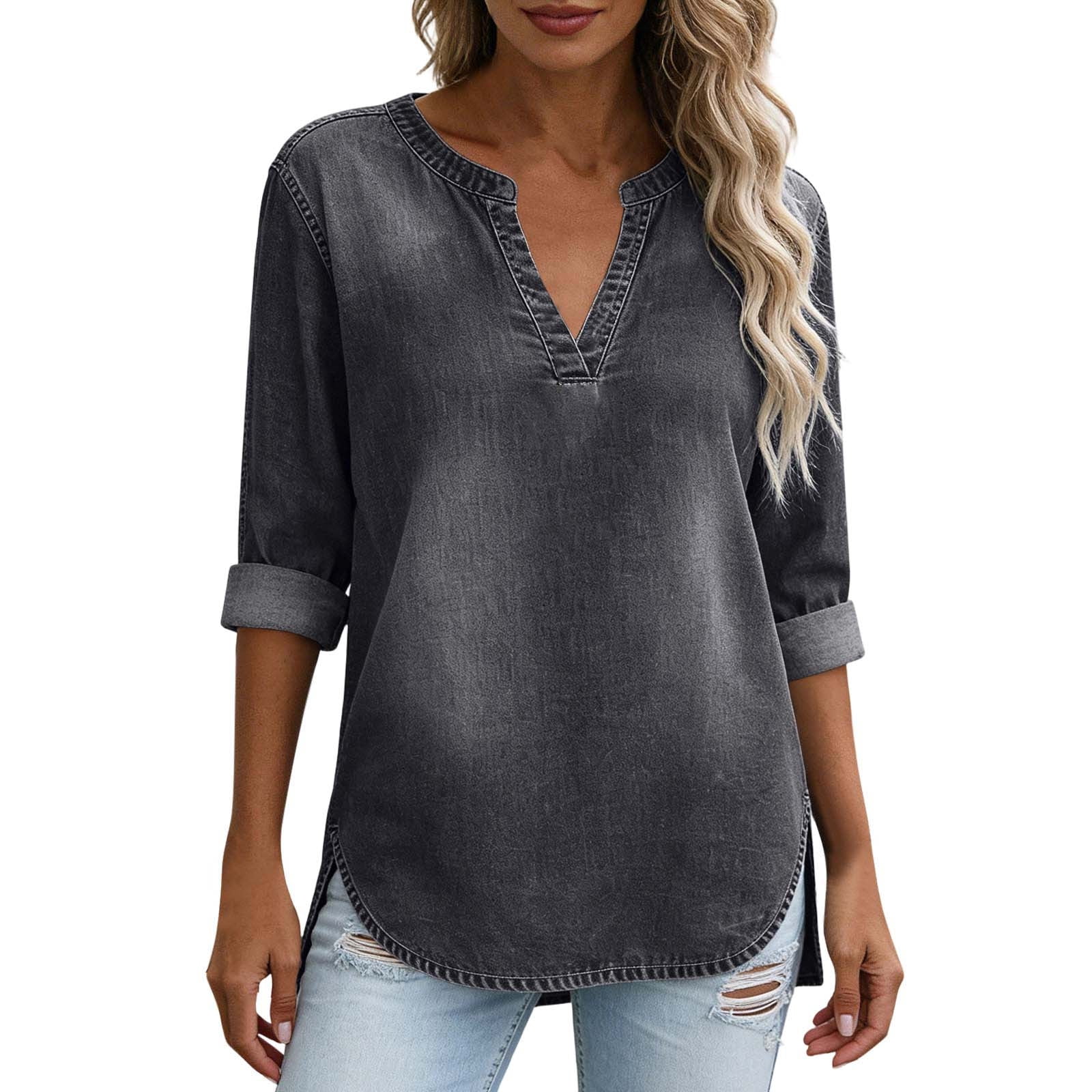 Chemisier en jean tendance pour femme, style vintage délavé, col en V, manches 3/4, hauts décontractés pour le travail, tunique fendue sur le côté, blouses amples pour le bureau