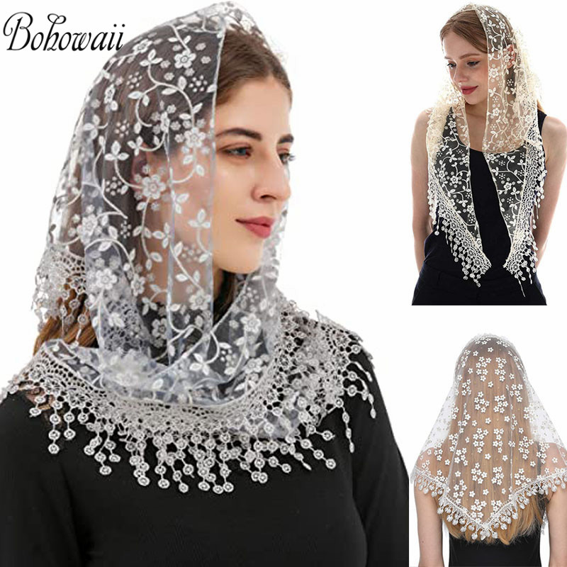 BOHOWAII Foulard Femme mode Bufandas femmes Hijab Triangle dentelle Voile Tulle écharpe châle évider Voile Femme Musulman