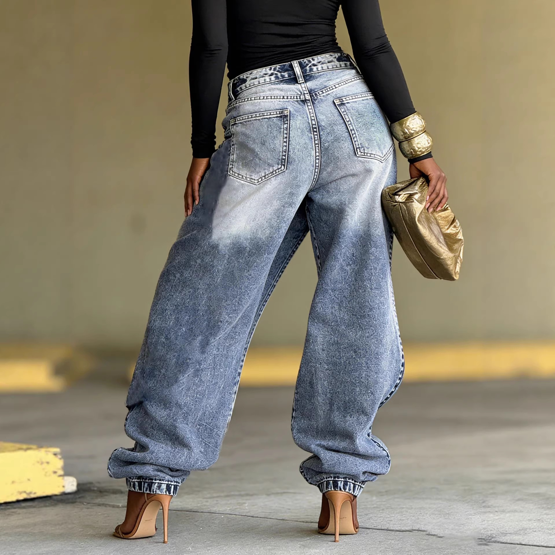 Jeans Femme Vintage Coupe Large Denim Délavé Streetwear Patchwork Patches Pantalon Droit Effet Usé Longueur Ras du Sol 2026