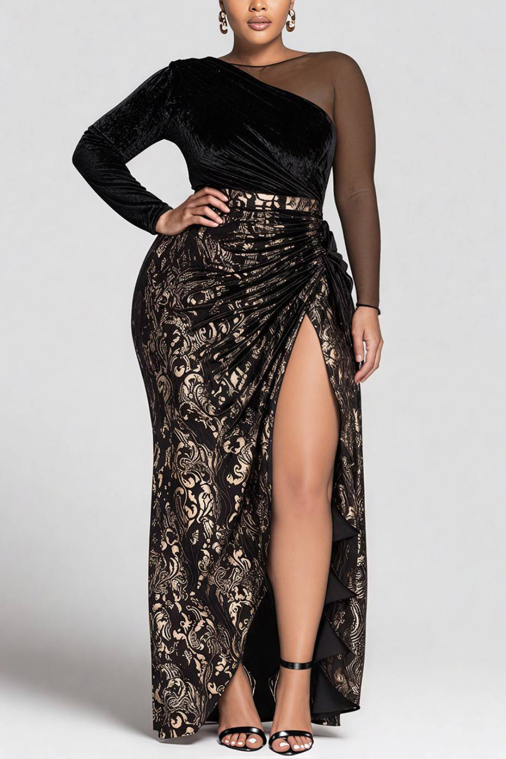 Grande taille formelle noir partout imprimé col rond manches longues contraste élégant fendu velours Maxi robes