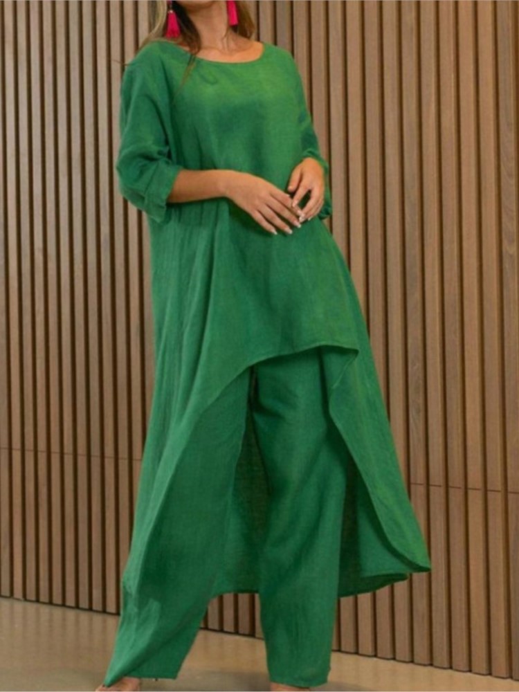 Ensemble pantalon Long en coton et lin pour femmes, mode solide, décontracté, hauts irréguliers, jambes larges, costumes de bureau, ensemble deux pièces, vêtements