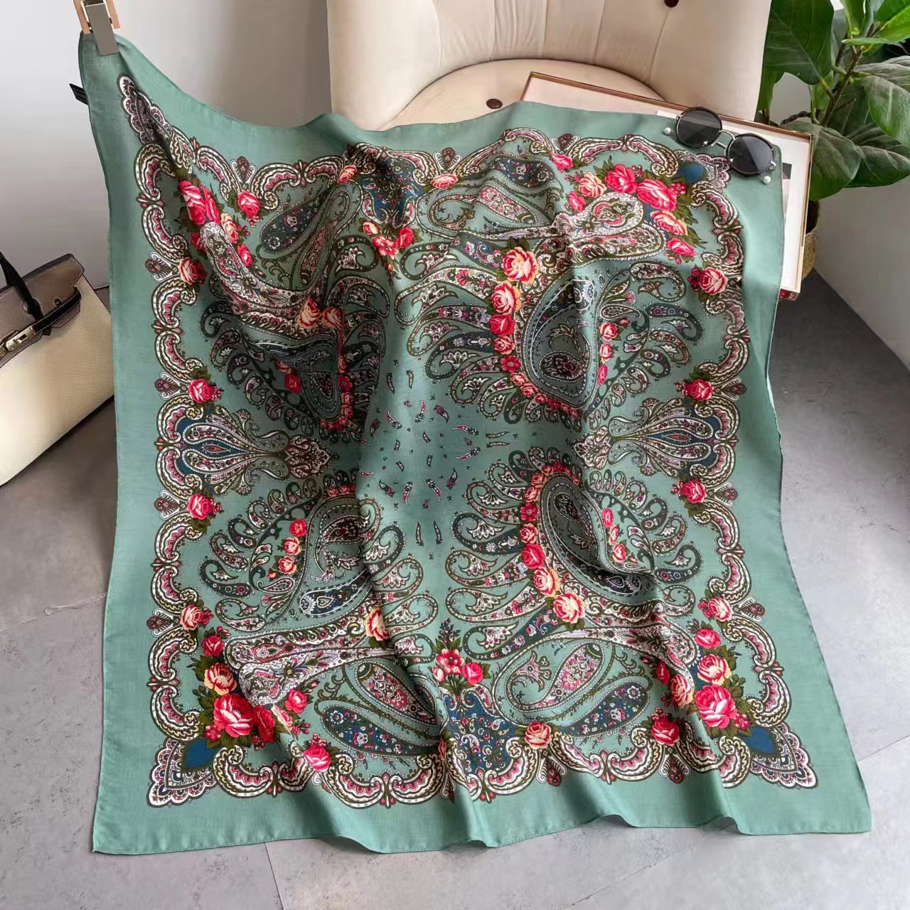 Foulard Russe à Imprimé Floral pour Femme, Hijab, Bandes de Sauna, Châles de Luxe, Grande Taille, Carré, Bandana, Mouchoir, Voile Babushka, 110x110cm