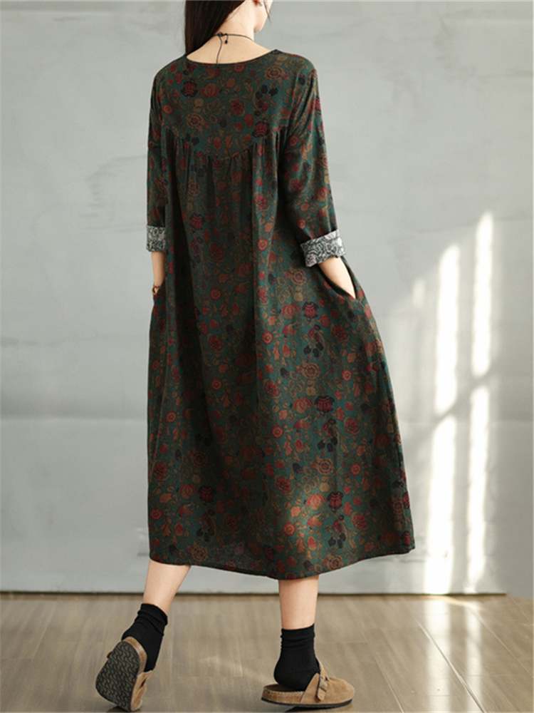 Robes en coton à imprimé floral vintage 2026 pour femmes, robe décontractée à manches longues pour le printemps et l'automne, robe élégante pour femme, vêtements