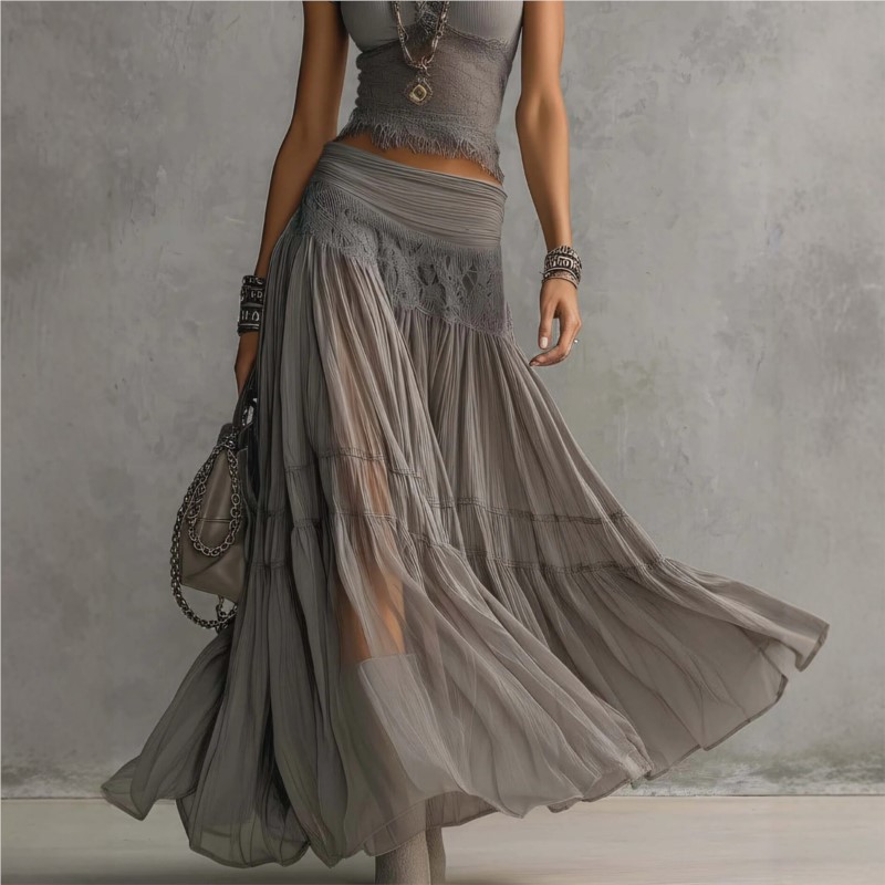 Ensemble chic 2 pièces pour femme : haut uni à manches courtes coupe ajustée avec empiècements en dentelle et jupe taille haute élastique à cordon de serrage