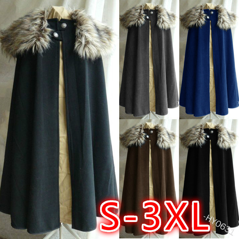 Cape d'hiver médiévale pour hommes, manteau Vintage, Style gothique, col en fourrure, Punk, Cape de neige, Costume d'halloween