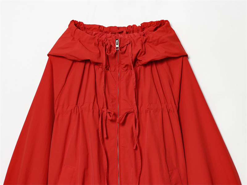 Veste Femme 2026 Nouvelle Collection Automne Rouge Manches Longues Cordon Décoratif Festif Capuche Zippée Cardigan Décontracté Tendance Polyvalent