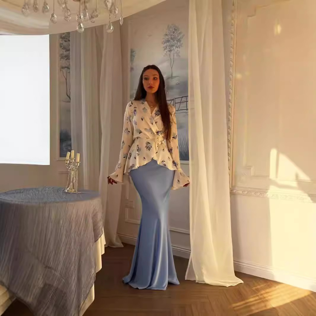 Femmes 2 pièces Ensemble musulman Blouse jupe fleur imprimé haut marocain dubaï Islam tenues 2025 arabe élégant Ensemble jupes longues costume