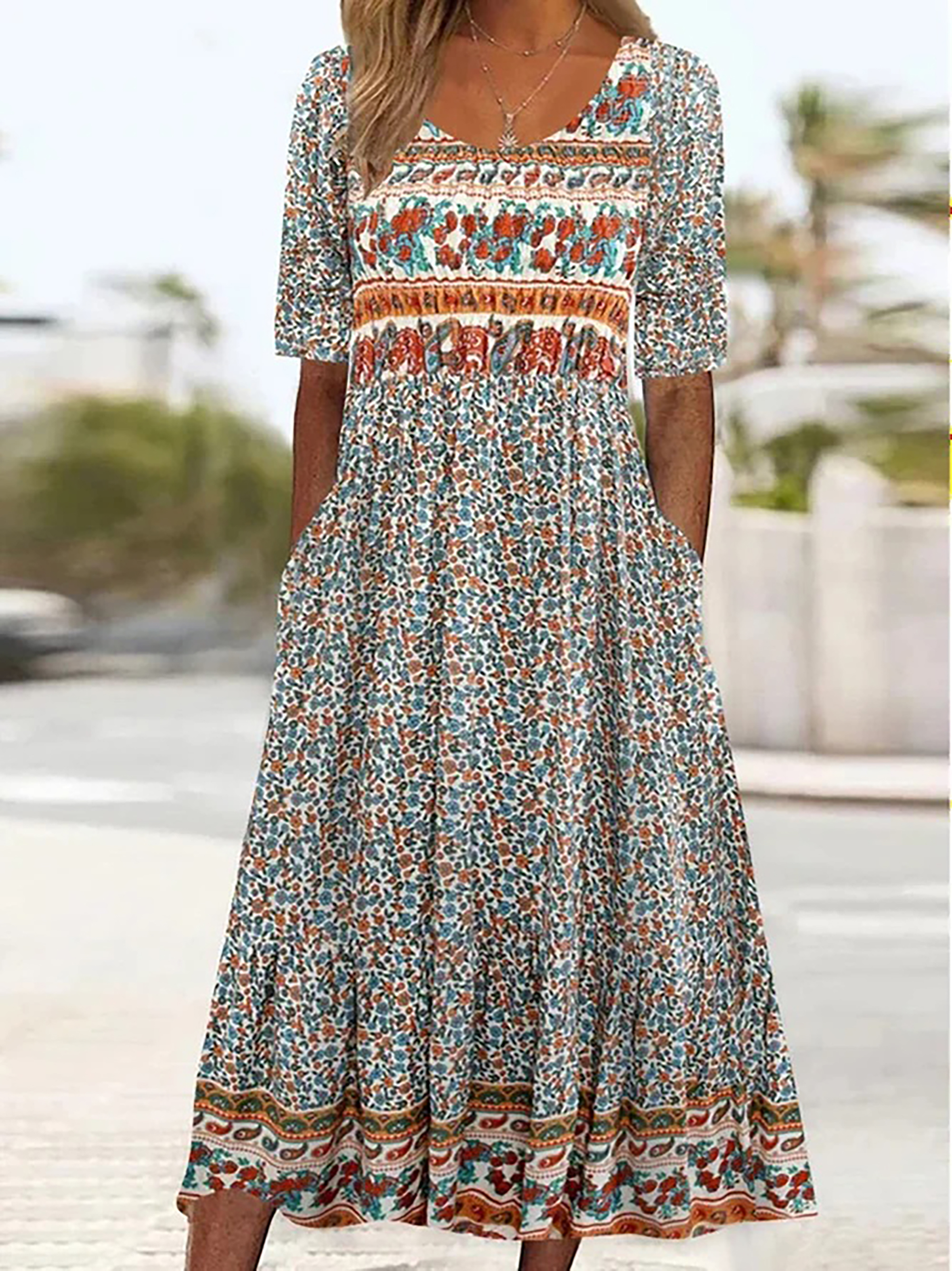 Robe longue style bohémien pour femmes, ample, mode imprimée, col rond, manches courtes, nouvelle collection été 2025