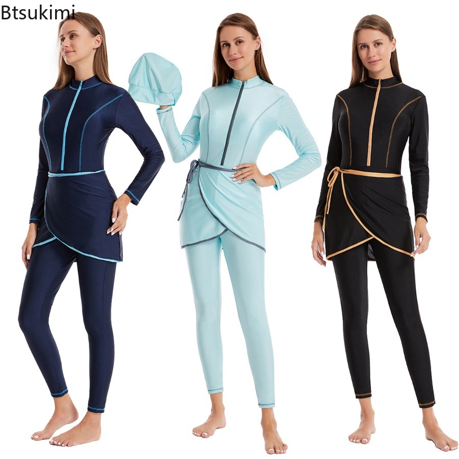 Maillots de bain modestes musulmans 2026 avec hijab, maillot de bain de plage 3 pièces pour femmes, tenue de natation islamique à manches longues pour femmes