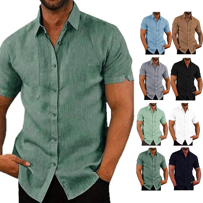 Chemises d'Été en Coton et Lin pour Homme, Chemisiers Décontractés à Manches Courtes, Couleur Unie, Col Rabattu, Vêtements de Plage Formels