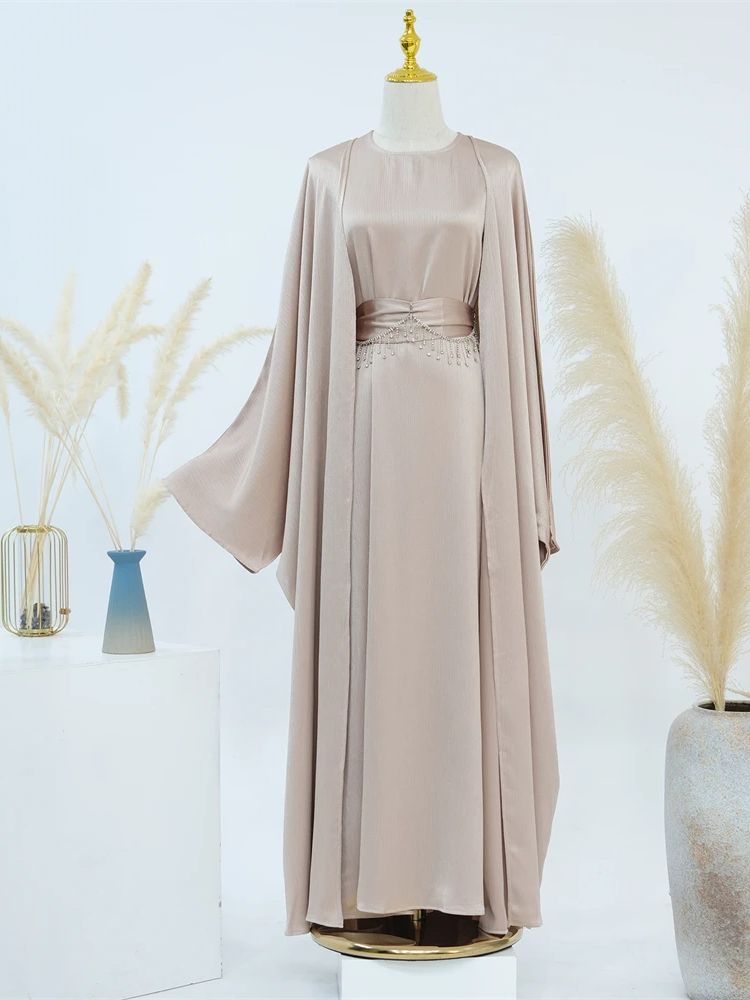 Ramadan Satin 2 pièces Abaya dubaï ensemble de luxe avec chaîne vêtements de prière musulmane femmes robes Caftan Marocain Robe Femme Musulmane